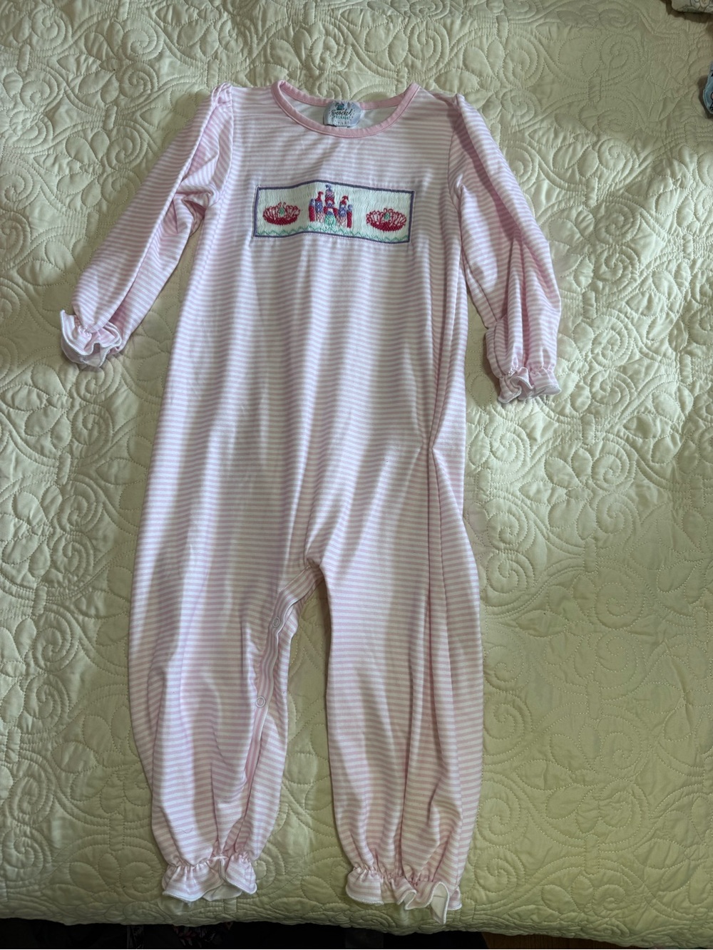 Smocked boutique jumpsuit3T princess castle and crowns pink white stripe ruffles